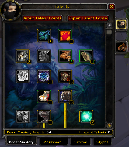 Blizzard talent window with Input Talent Points and Open Talent Tome buttons